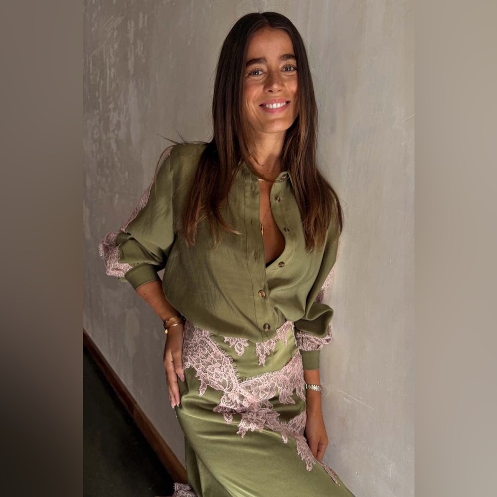 Lace Trim Satin Shirt - Picture 9 of 12